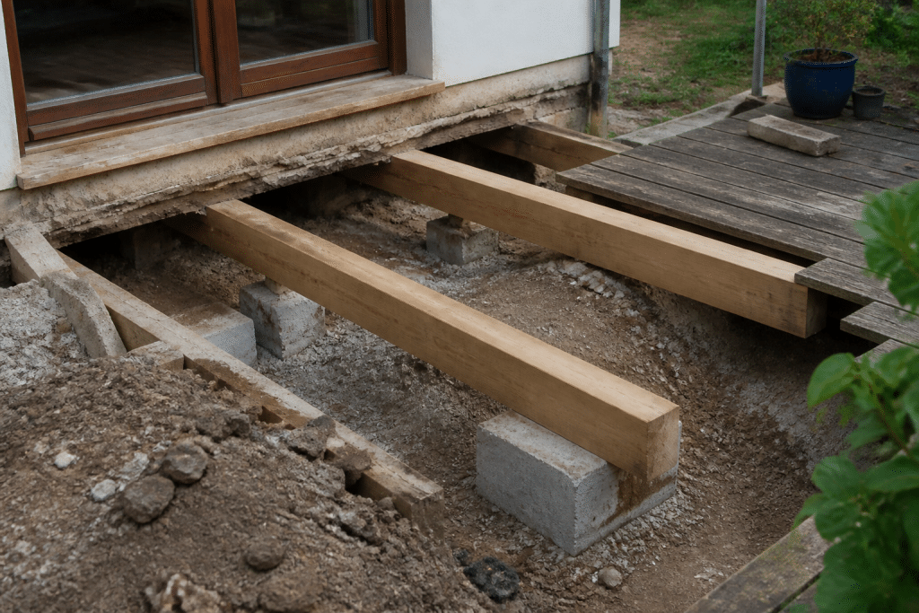 Chantier avec poutres bois renforçant fondations terrasse