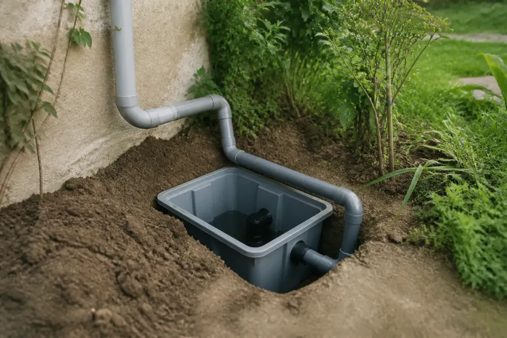 Tuyauterie souterraine grise avec bac accumulation dans jardin