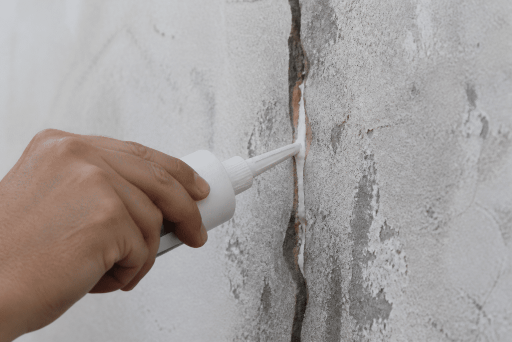 Main appliquant produit de rebouchage dans fissure murale