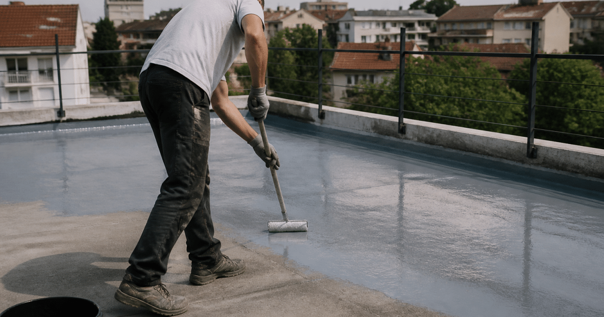 Applicateur versant resine transparente sur surface terrasse horizontale