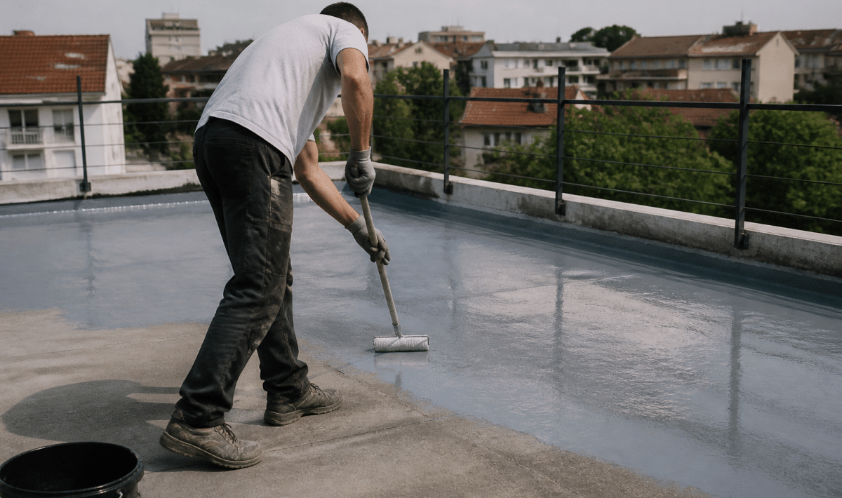 Applicateur versant resine transparente sur surface terrasse horizontale