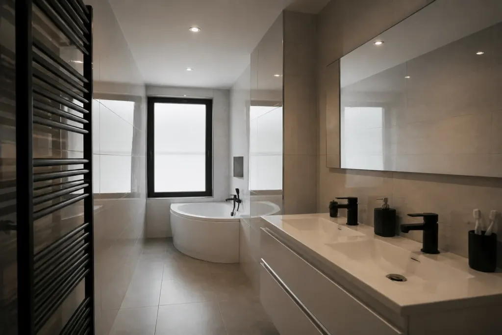 Salle de bain allongee avec spots encastres et miroir reflechissant la lumiere