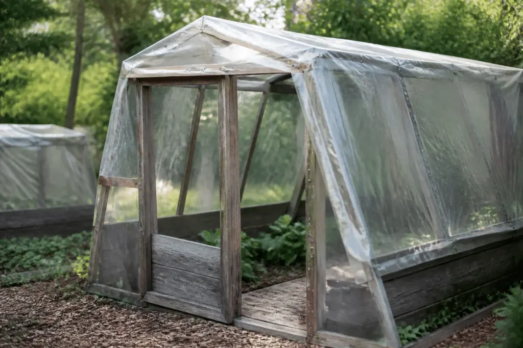 Structures de jardinage en plastique transparent et bois récupéré