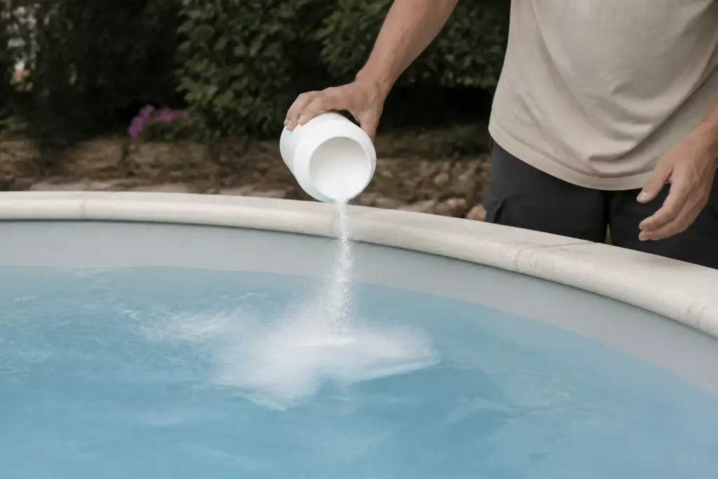 Poudre blanche stabilisant versée dans bassin piscine