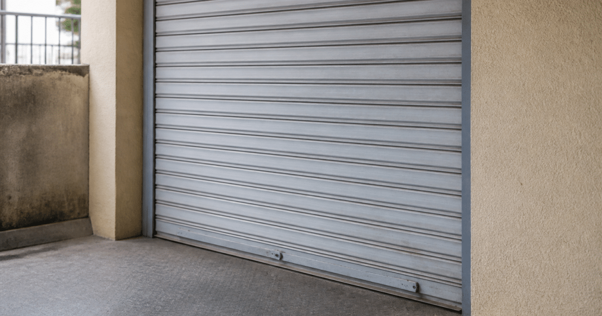 Store metallique ferme completement dans sa position basse bloquee