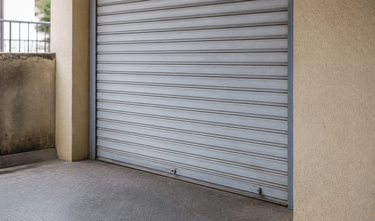 Store metallique ferme completement dans sa position basse bloquee