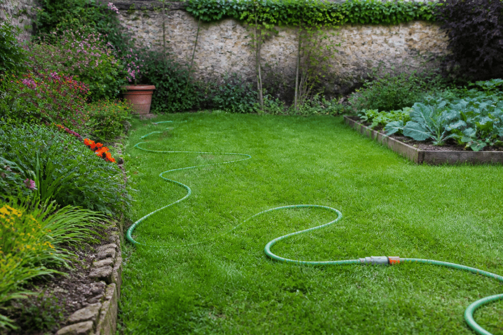Tuyaux arrosage serpentant pelouse potager massifs fleurs
