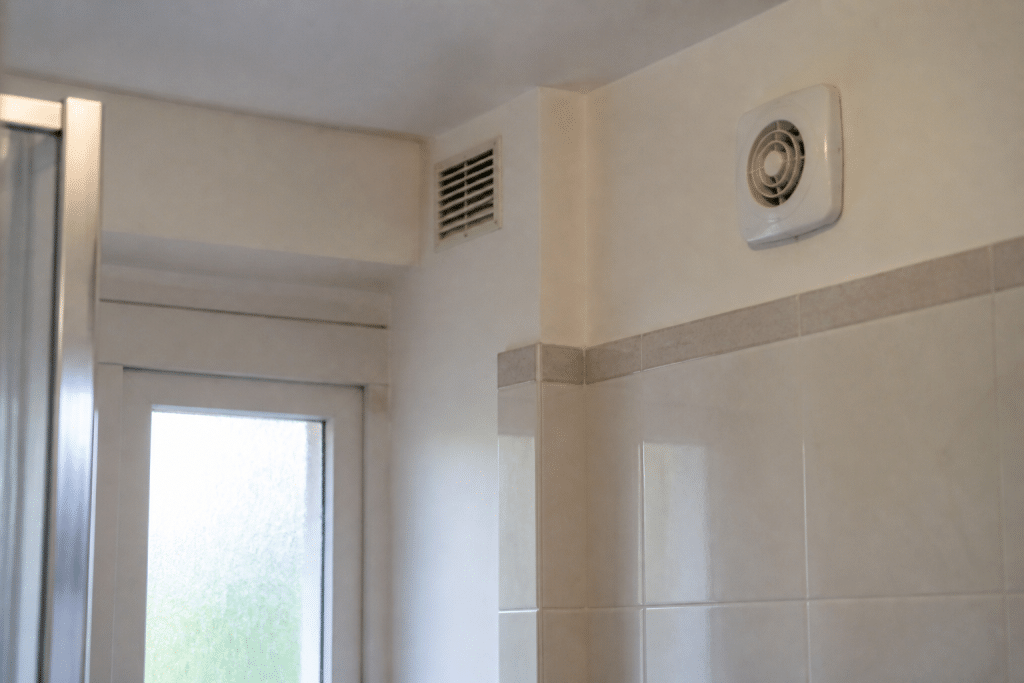 Salle de bain avec grille aeration et extracteur air mural