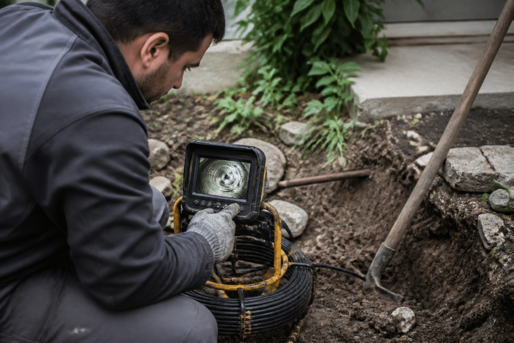 Technicien utilisant camera endoscopique detecter fuite souterraine