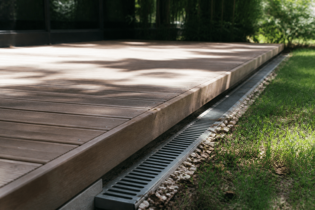Terrasse en bois avec plinthes de rive et drainage visible