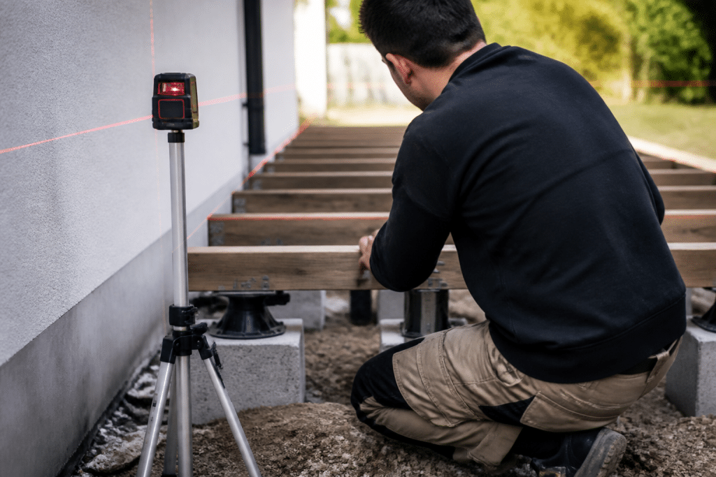 Terrasse surélevée sur plots béton avec niveau laser