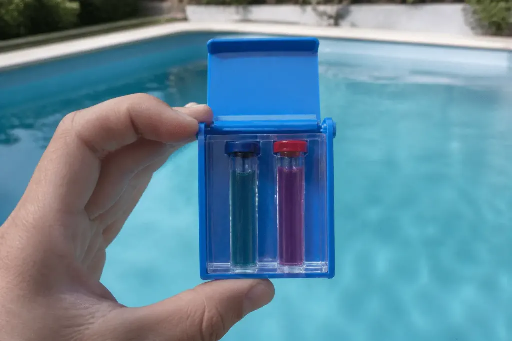 Main tenant kit de test pH piscine bleu clair