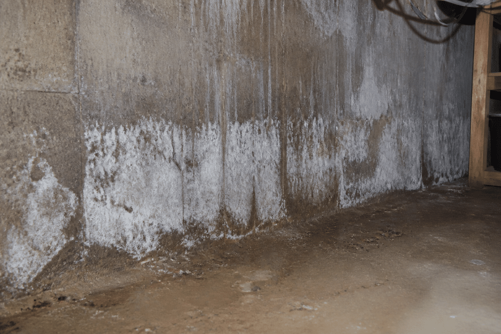 Murs humides de cave montrant efflorescences et traces blanches