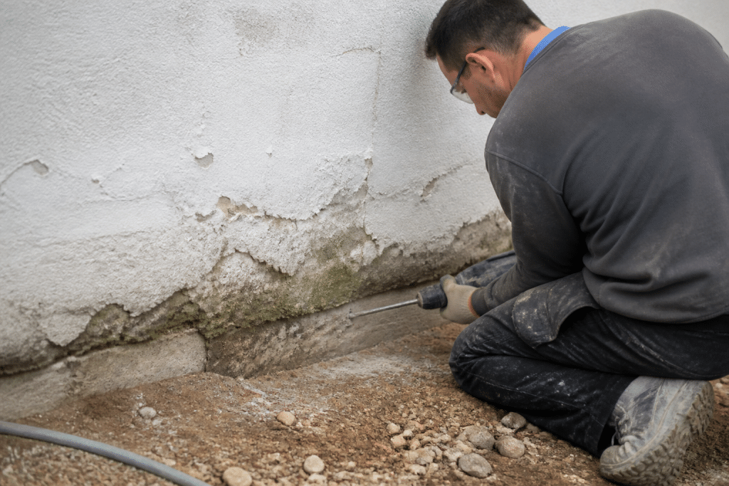 Ouvrier perçant trous base mur humide injection résine