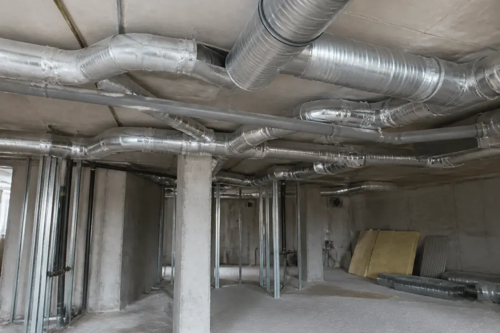 Tuyauterie ventilation installee au plafond sous-sol beton