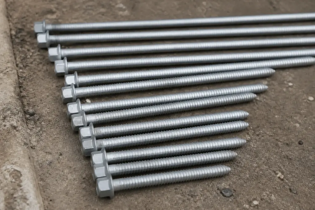Vis metalliques galvanisees de differentes longueurs alignees